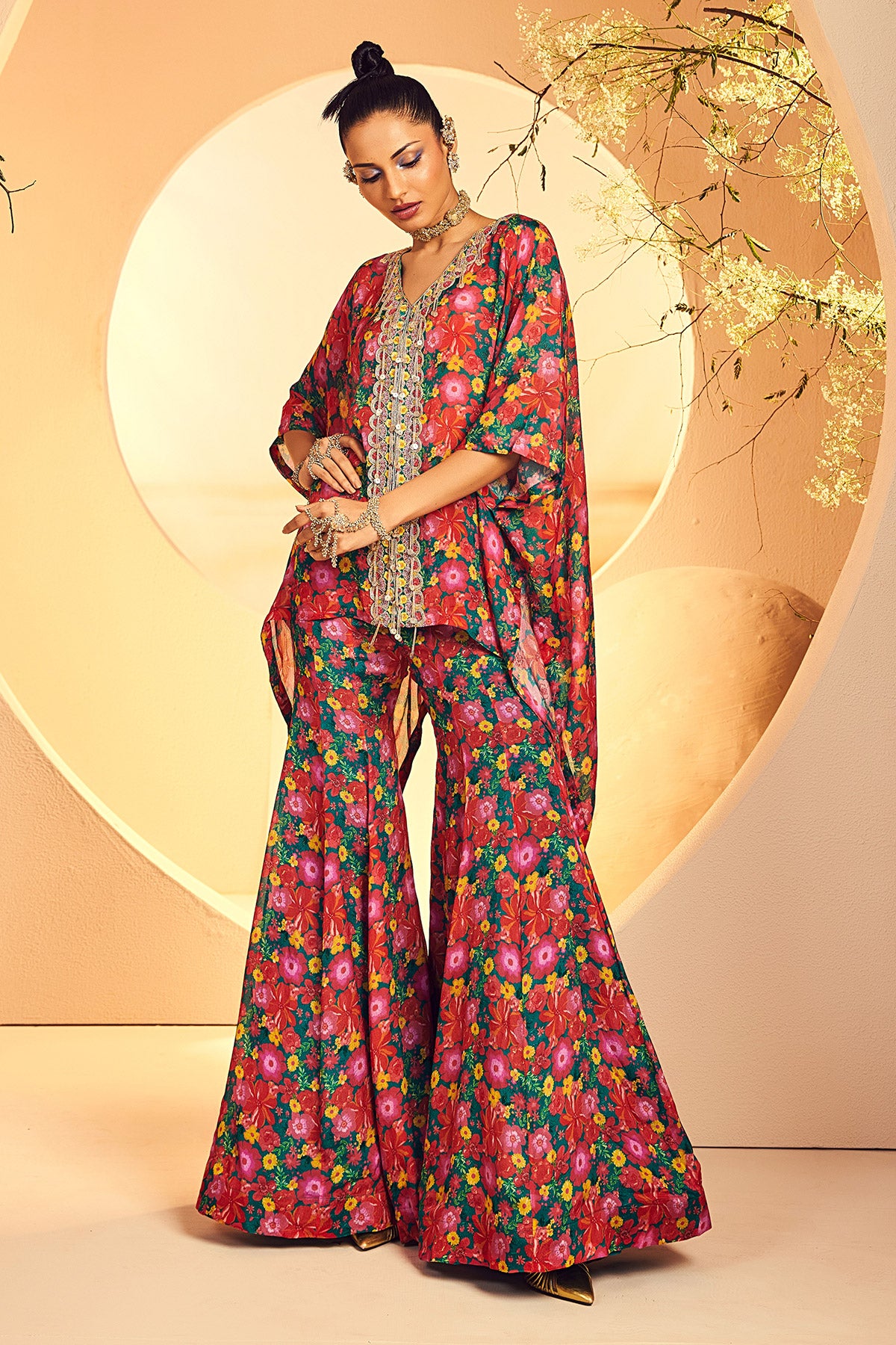 Bottle Green Embroidered Neck Kaftan With Sharara Women Co-Ord Set