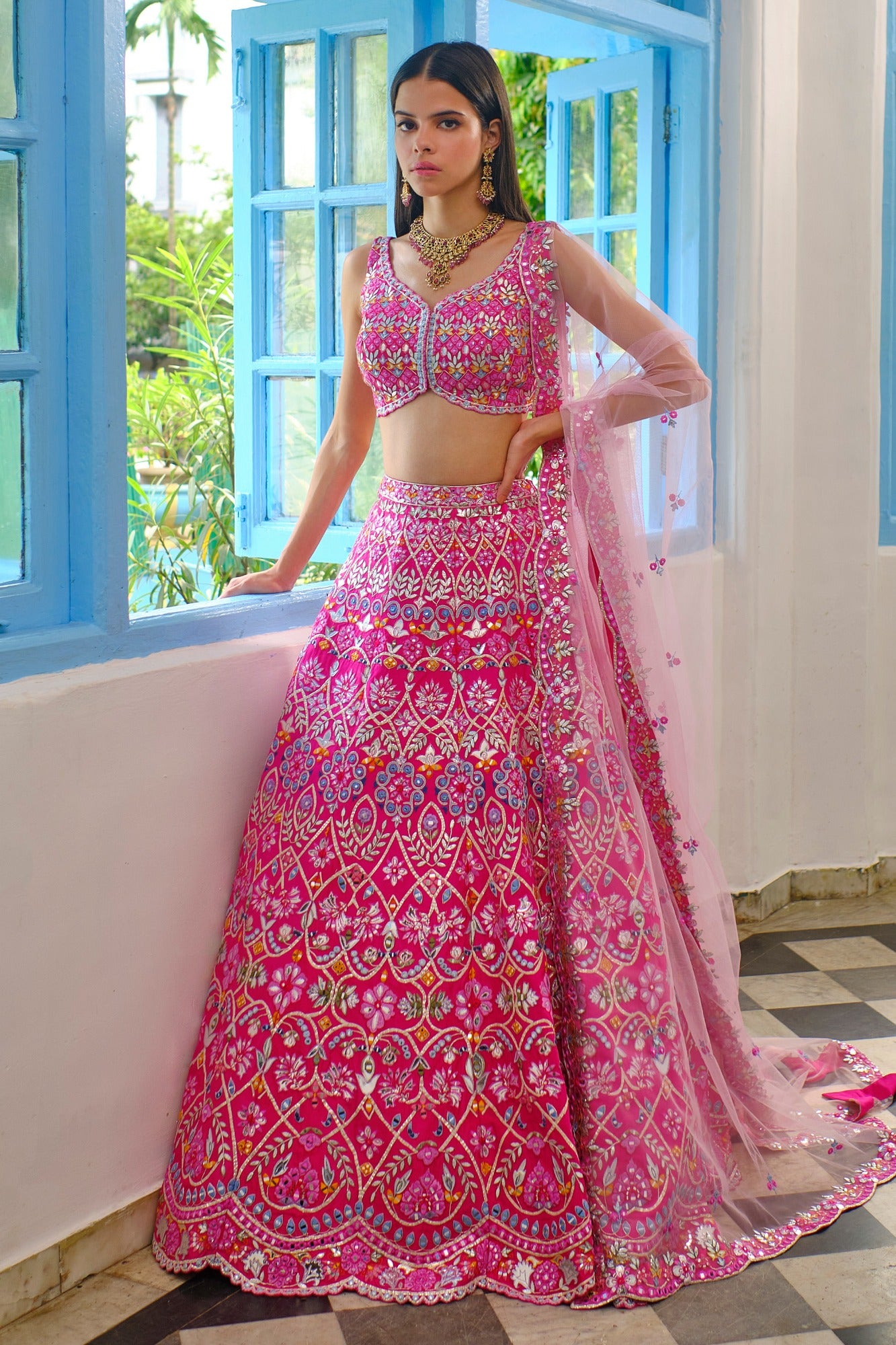 Hot Pink Floral Gota Lehenga