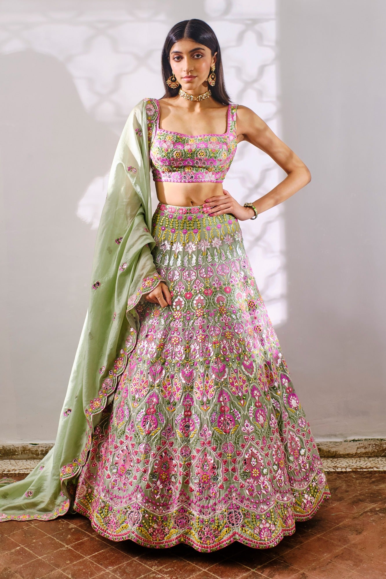 Sage Green Floral Silk Lehenga – Aneesh Agarwaal