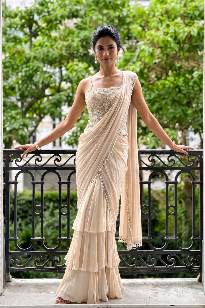 Sjy Ivory Pearl Corset Sari (2Pc)