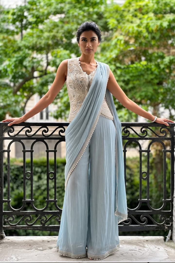Skyblue Jacket Pearlwork Sharara Sari (3Pc)