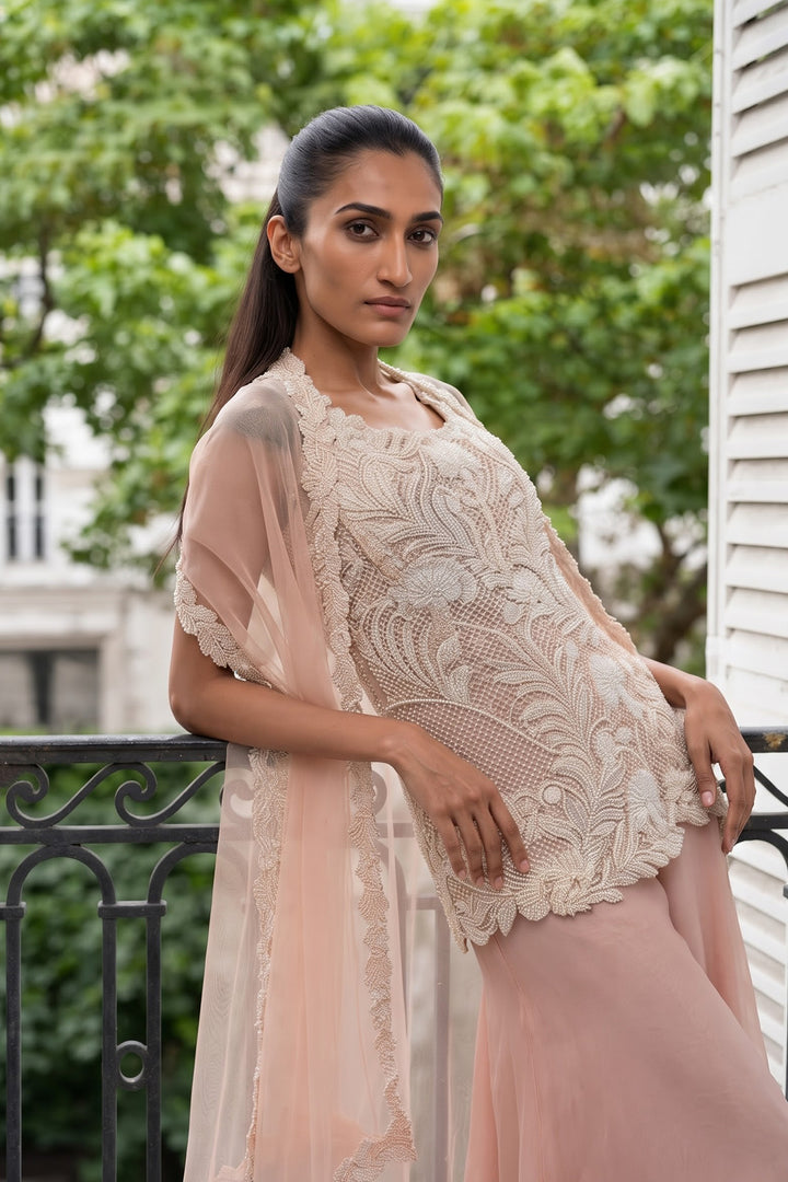 Ntu Peach Pearlwork Kurta Dupatta (3Pc)