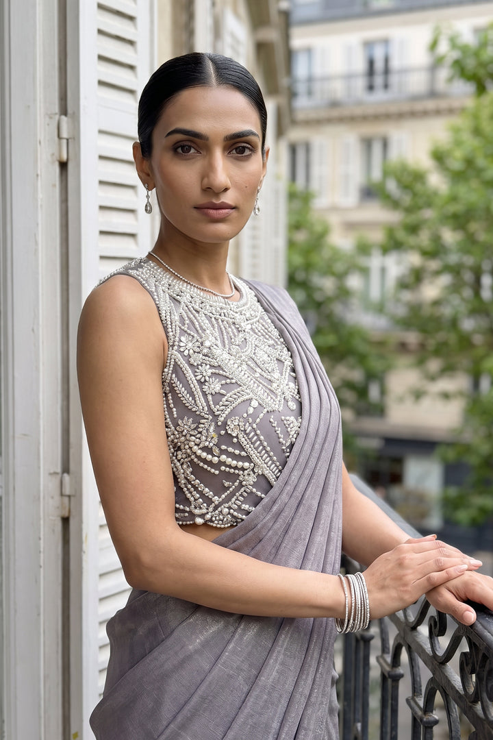Ntu Grey Shimmer Pearl Sari (2Pc)