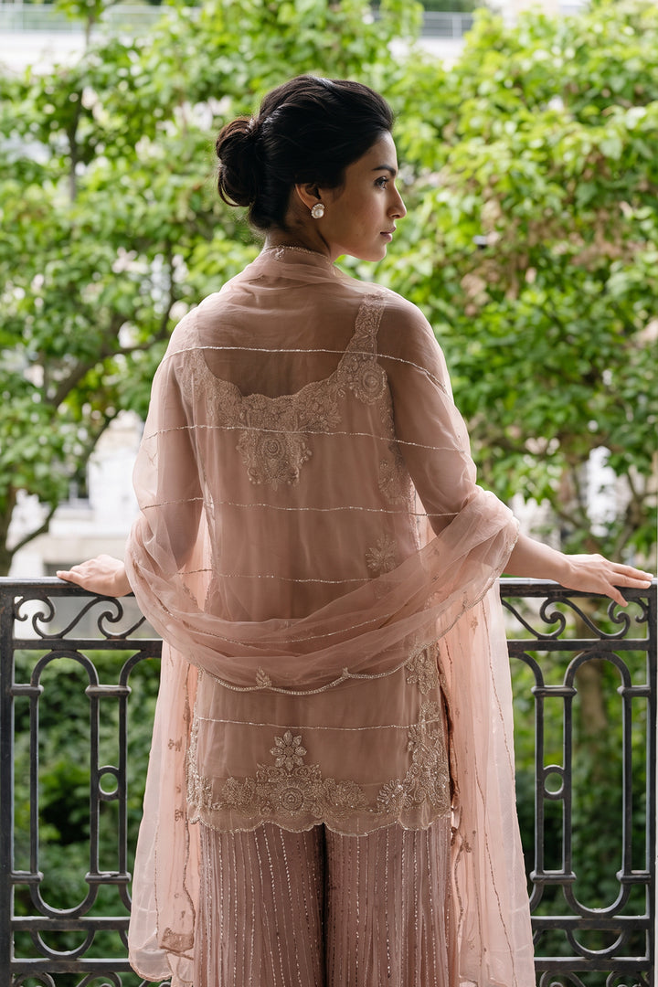 Pj- Peach Apllique Kurta Sharara (3Pc)