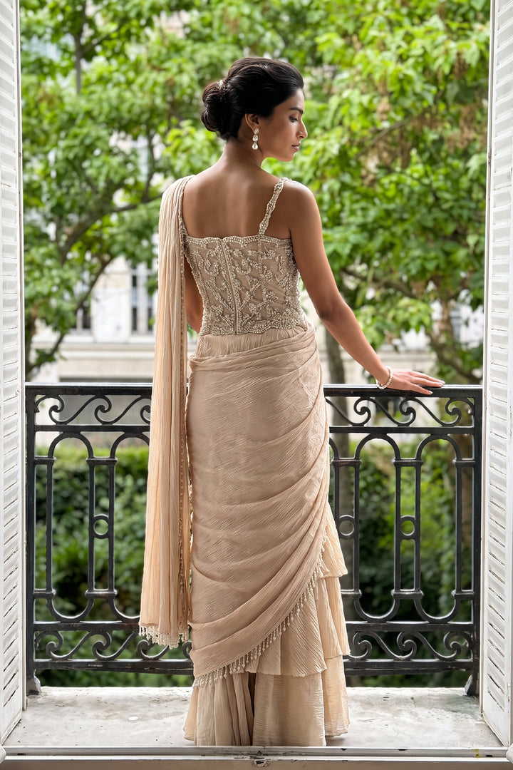 Sjy Ivory Pearl Corset Sari (2Pc)