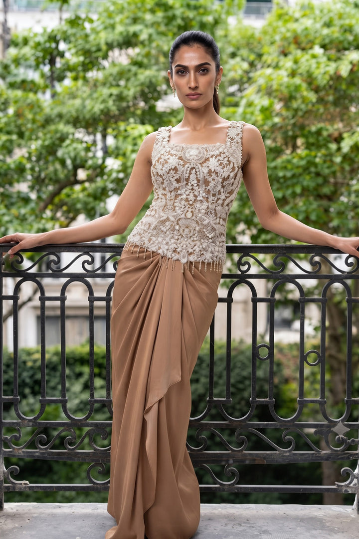 Ysn+Ntu Gold White Dori Corset + Dhoti (2Pc)