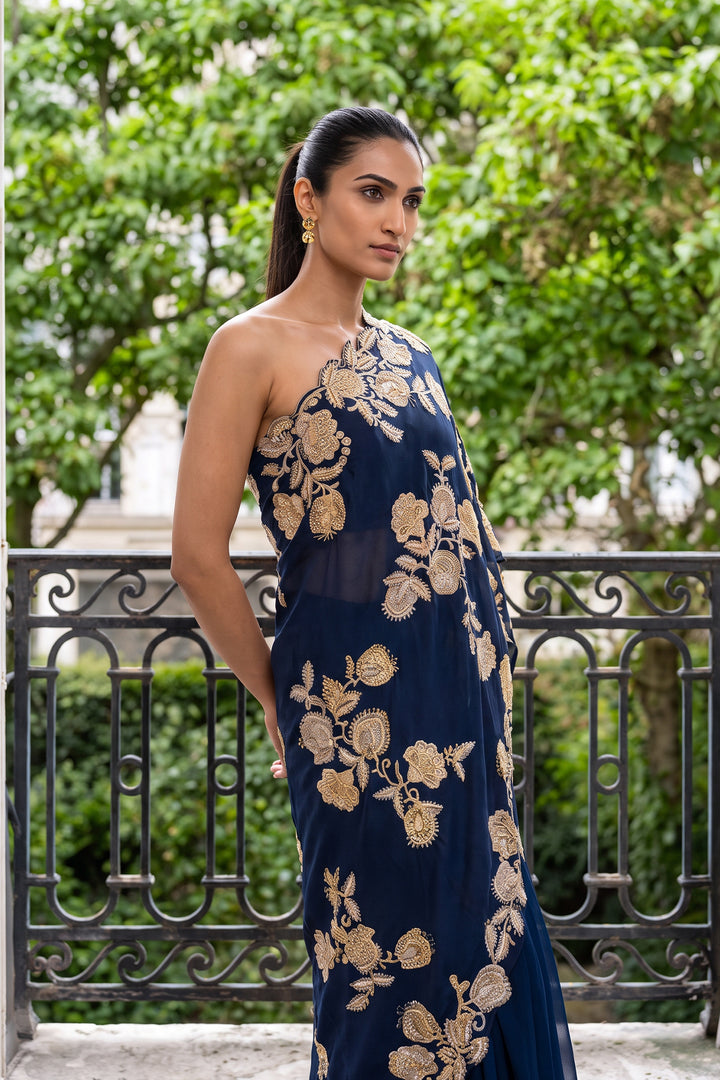 Pj Navy One Shoulder Cape Sharara (2Pc)