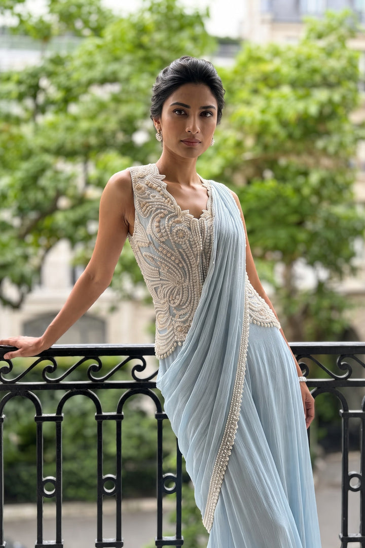 Skyblue Jacket Pearlwork Sharara Sari (3Pc)