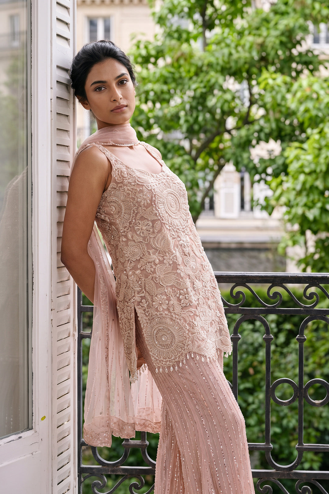 Pj- Peach Apllique Kurta Sharara (3Pc)