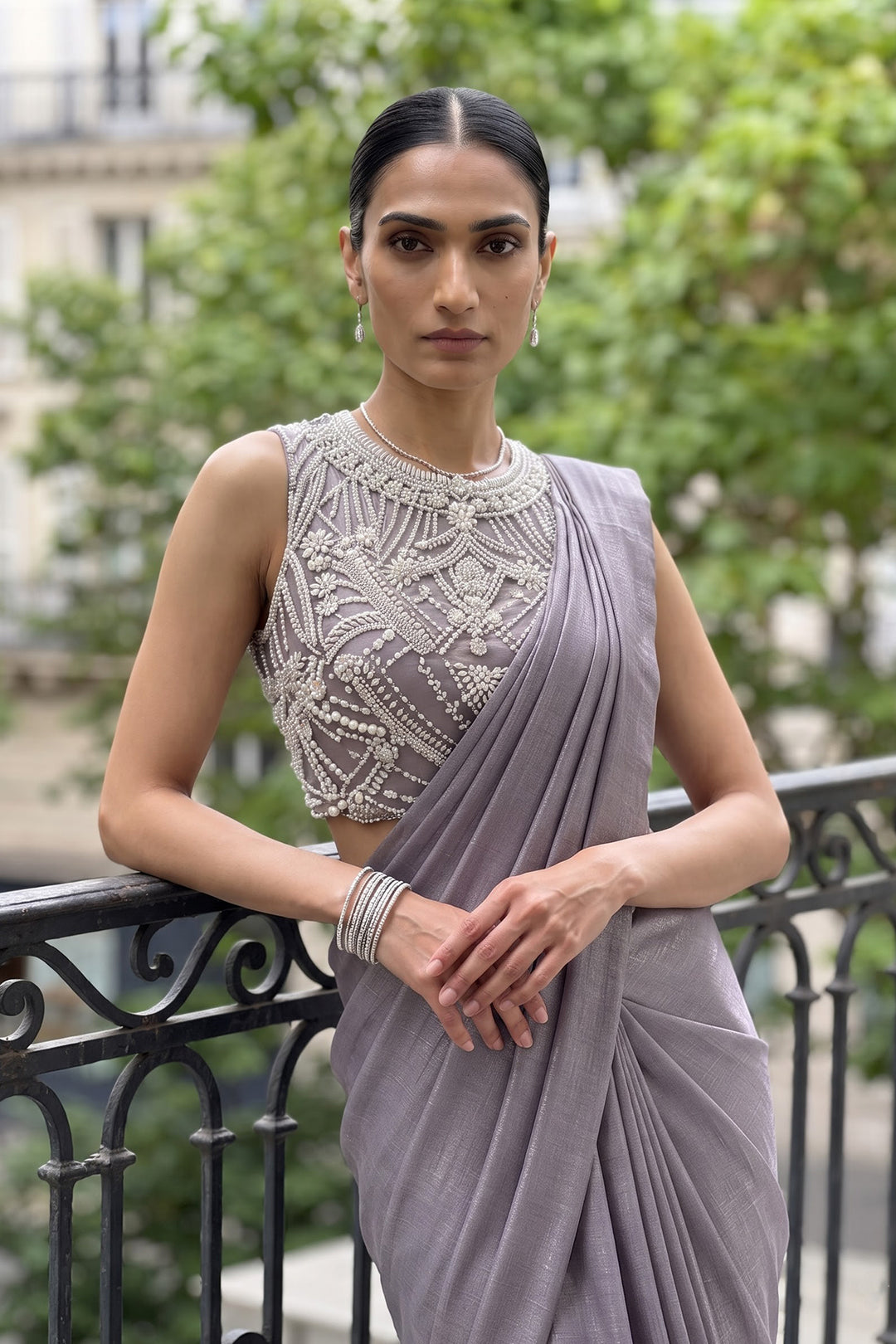 Ntu Grey Shimmer Pearl Sari (2Pc)