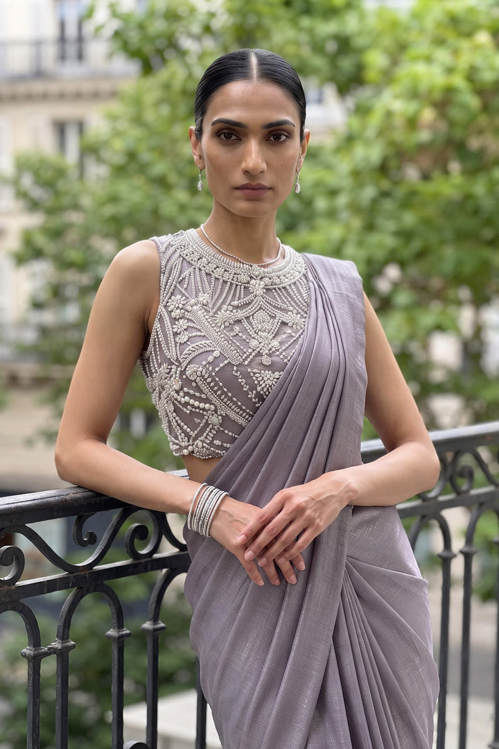 Ntu Grey Shimmer Pearl Sari (2Pc)
