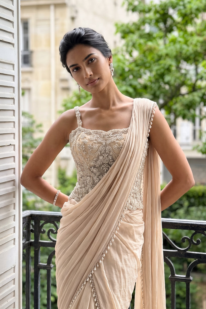 Sjy Ivory Pearl Corset Sari (2Pc)