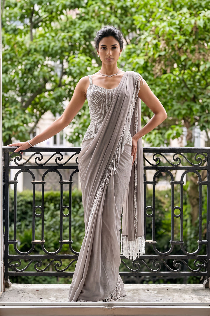 Ntu Grey Linear Corset Shimmer Sari (2Pc)