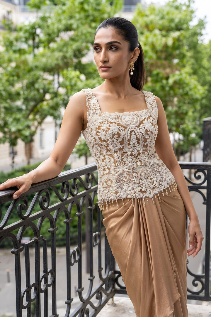 Ysn+Ntu Gold White Dori Corset + Dhoti (2Pc)