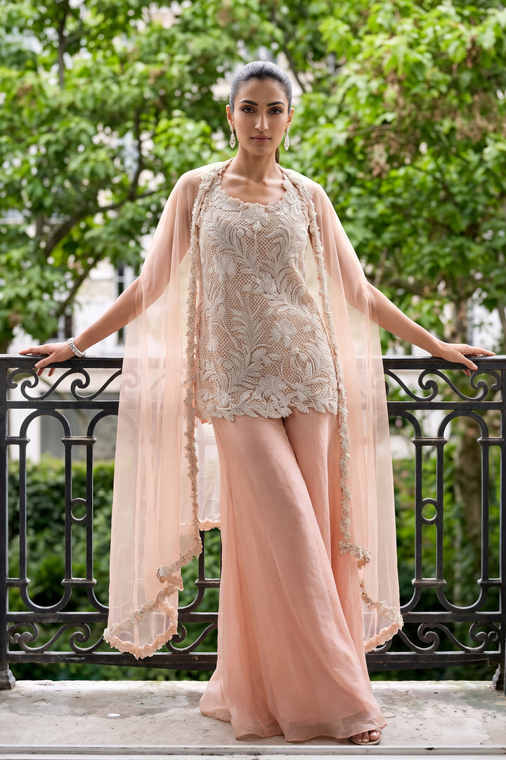 Ntu Peach Pearlwork Kurta Dupatta (3Pc)