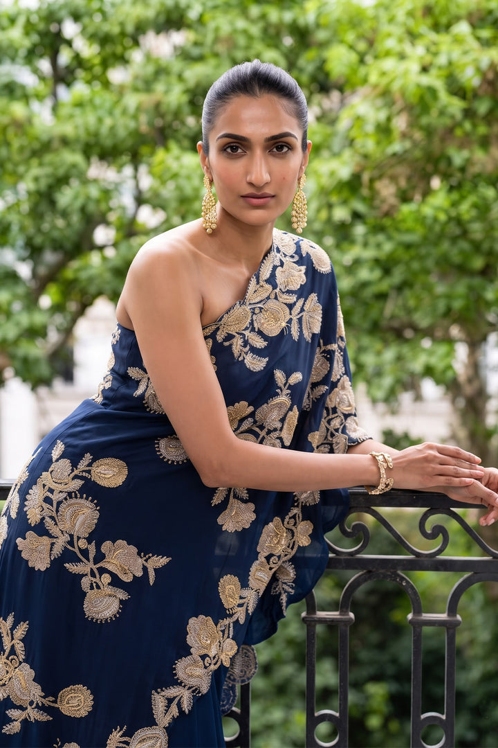 Pj Navy One Shoulder Cape Sharara (2Pc)