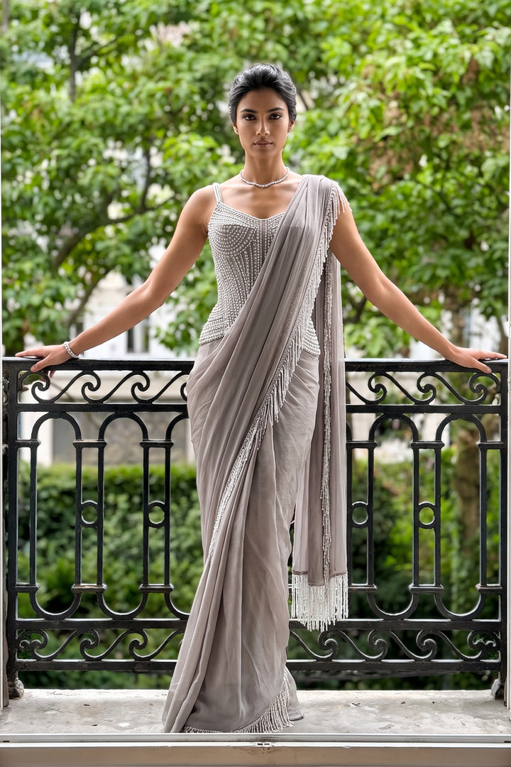 Ntu Grey Linear Corset Shimmer Sari (2Pc)