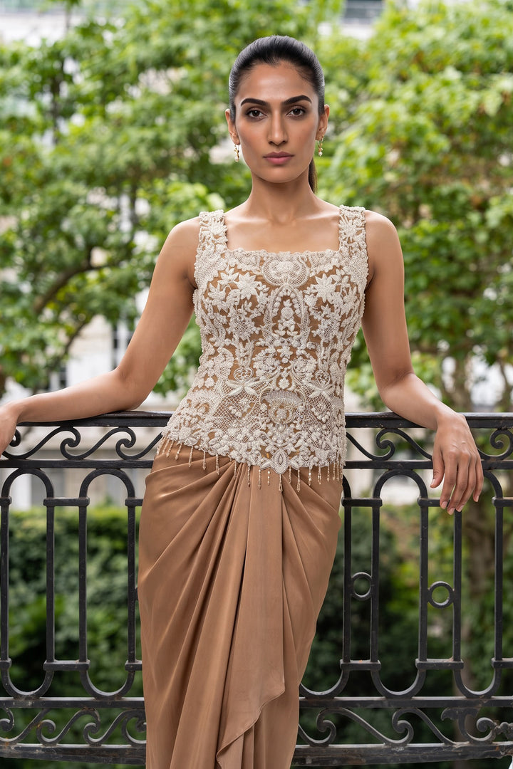 Ysn+Ntu Gold White Dori Corset + Dhoti (2Pc)
