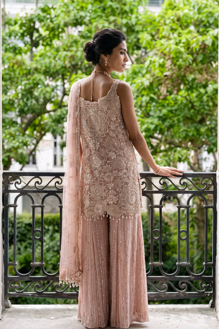 Pj- Peach Apllique Kurta Sharara (3Pc)
