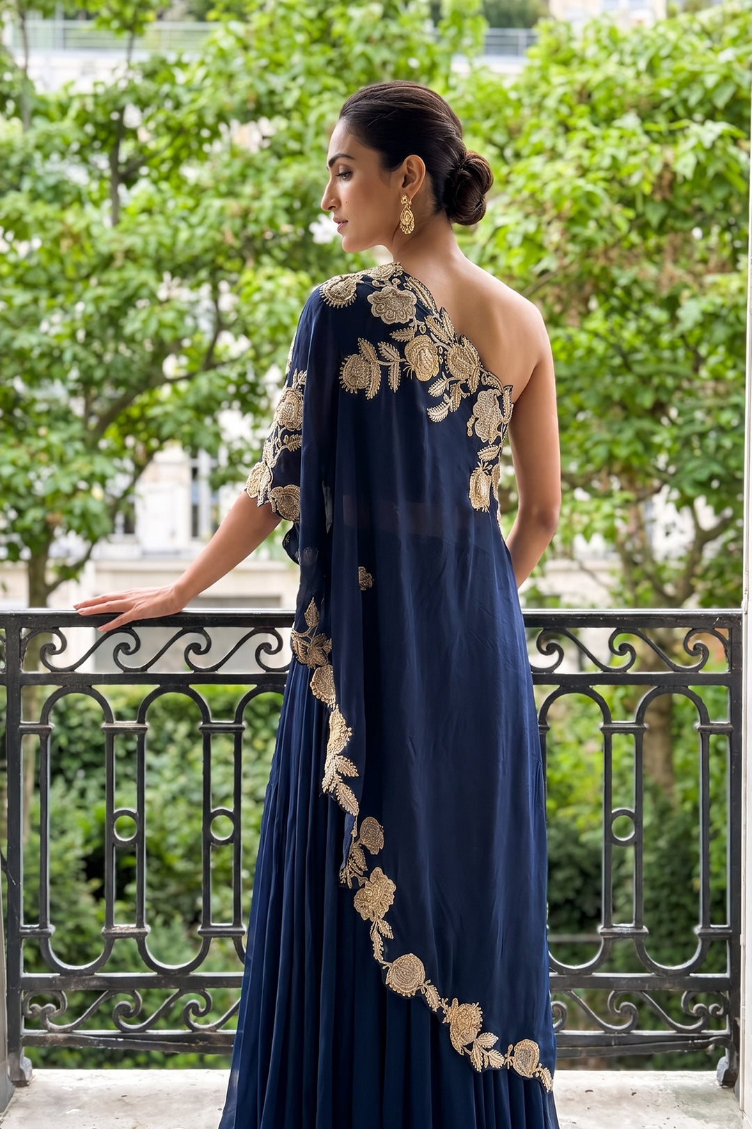 Pj Navy One Shoulder Cape Sharara (2Pc)
