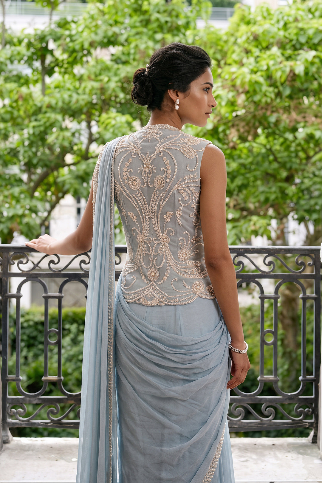 Skyblue Jacket Pearlwork Sharara Sari (3Pc)