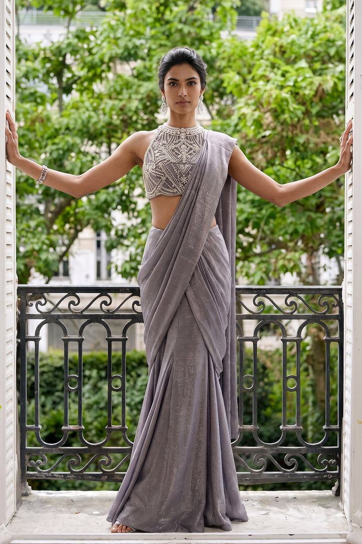 Ntu Grey Shimmer Pearl Sari (2Pc)