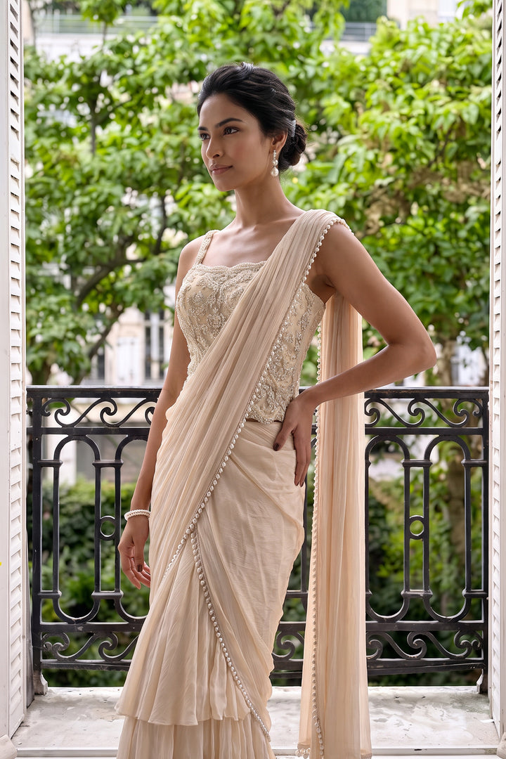 Sjy Ivory Pearl Corset Sari (2Pc)