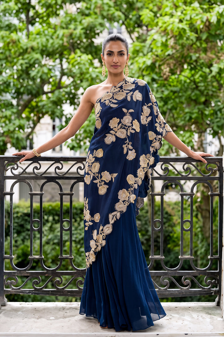 Pj Navy One Shoulder Cape Sharara (2Pc)