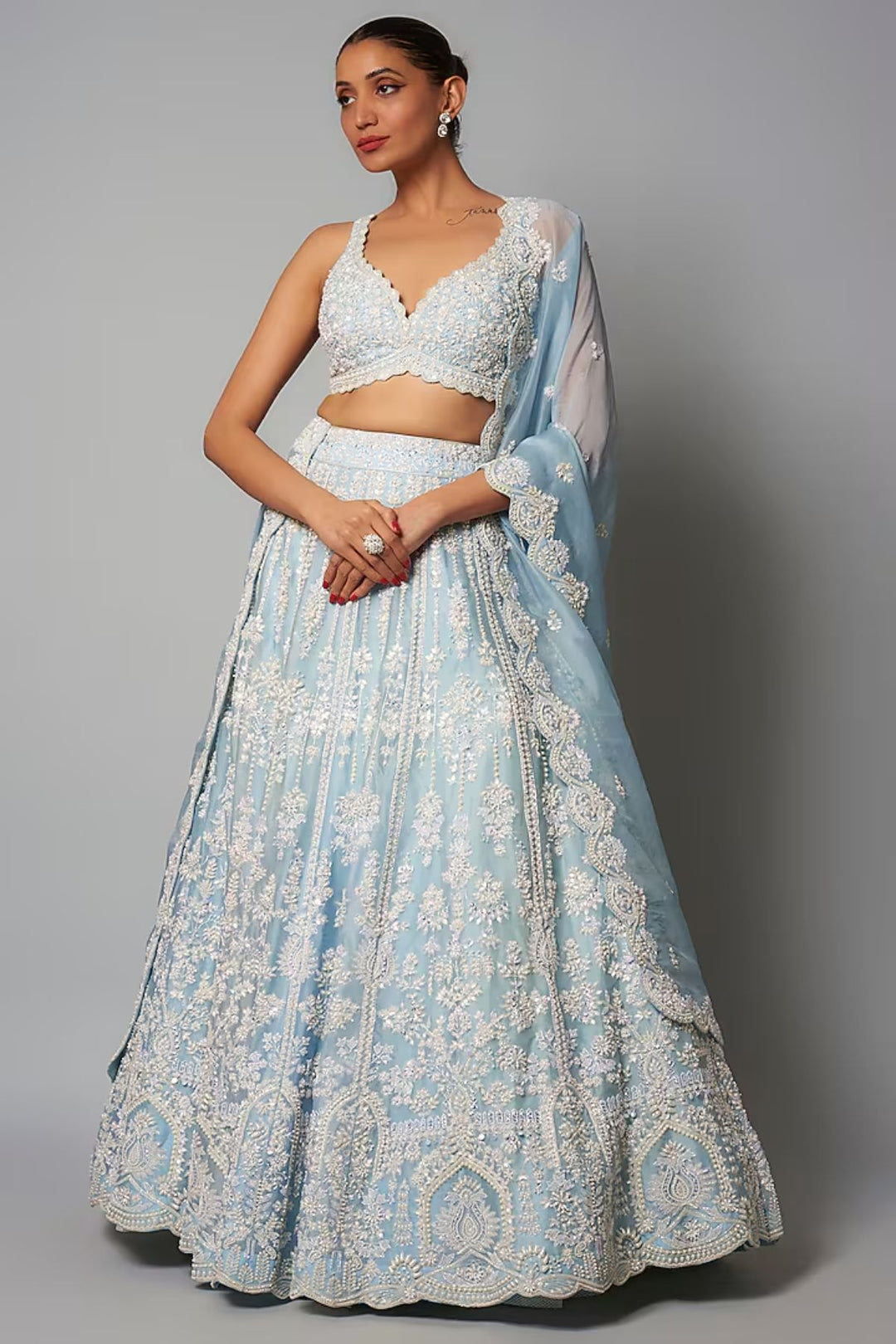 Blue Organza Pearl Lehenga Set