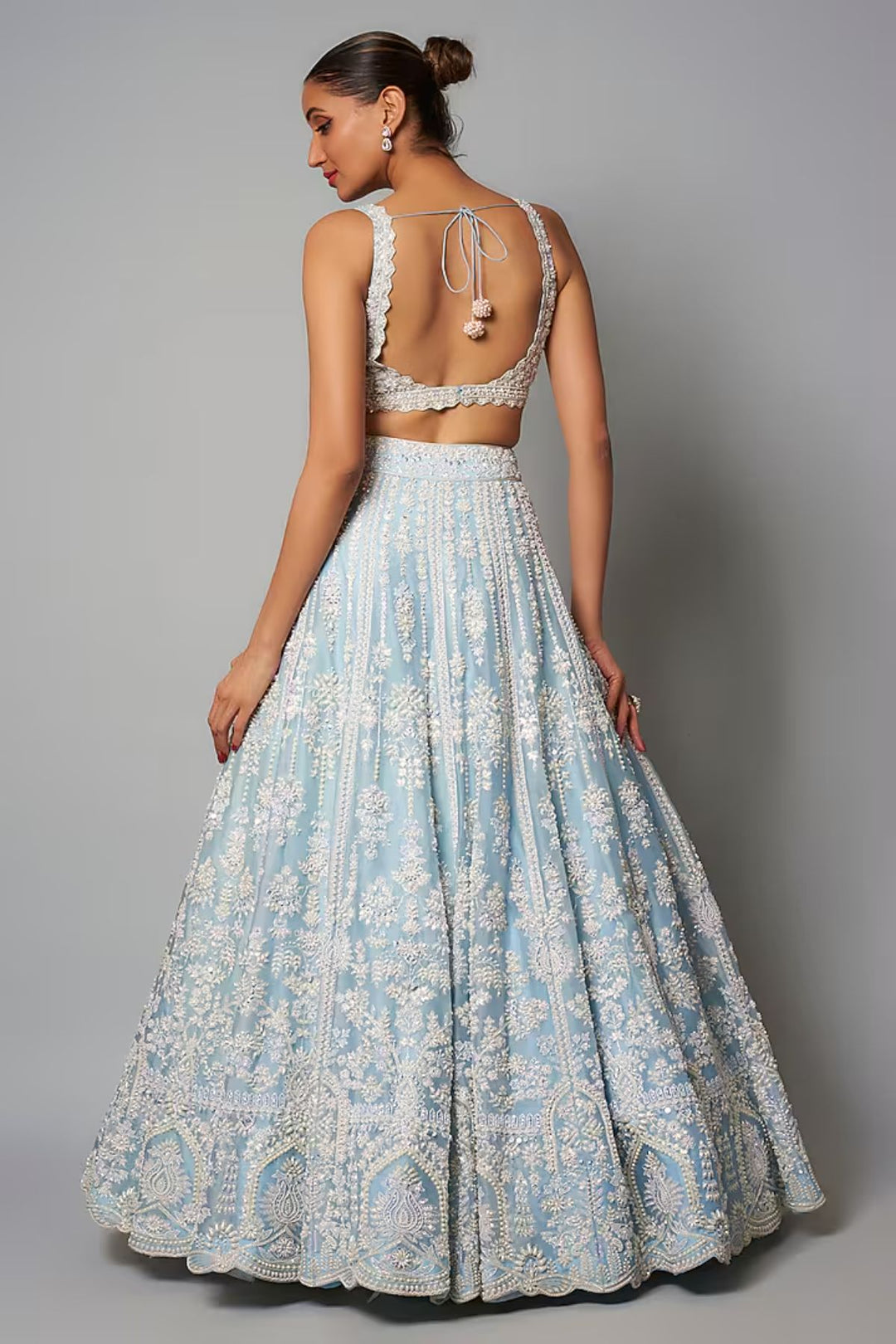 Blue Organza Pearl Lehenga Set