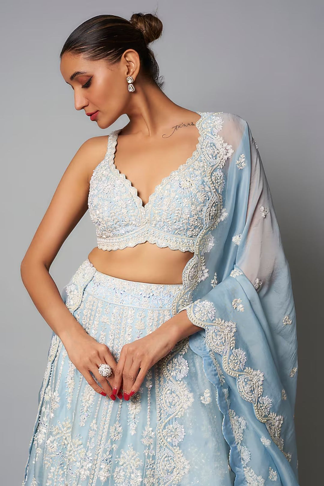 Blue Organza Pearl Lehenga Set