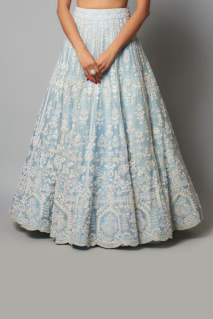 Blue Organza Pearl Lehenga Set