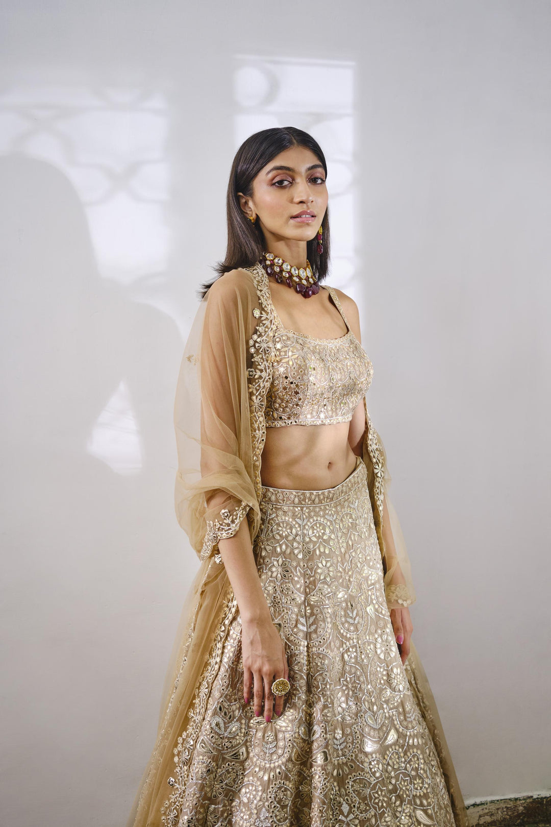 Aruunika Khanna in Gold Silk Floral Lehenga