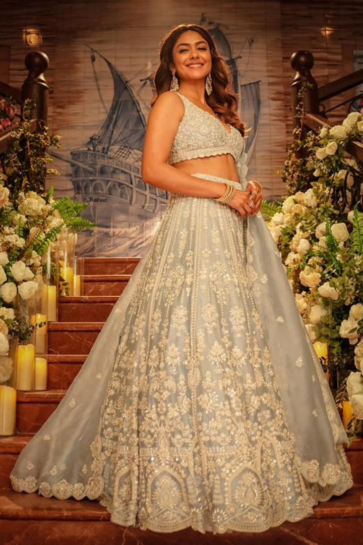 Blue Organza Pearl Lehenga Set