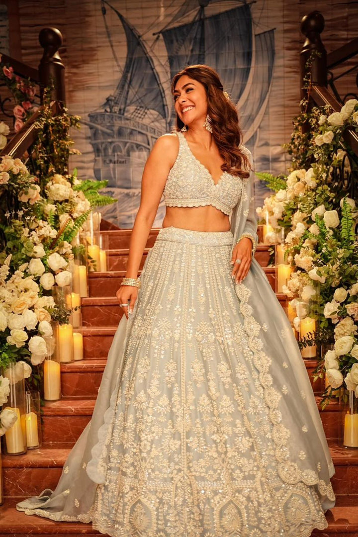 Blue Organza Pearl Lehenga Set