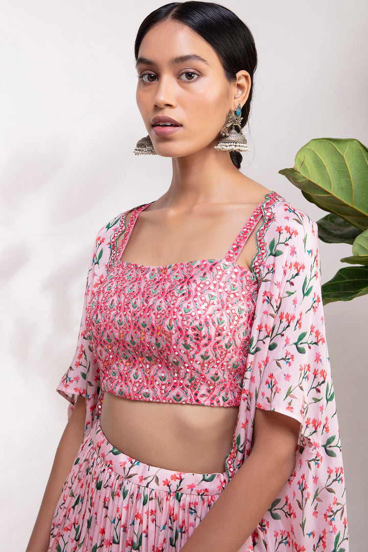 Pink Printed Embroided Cape Set