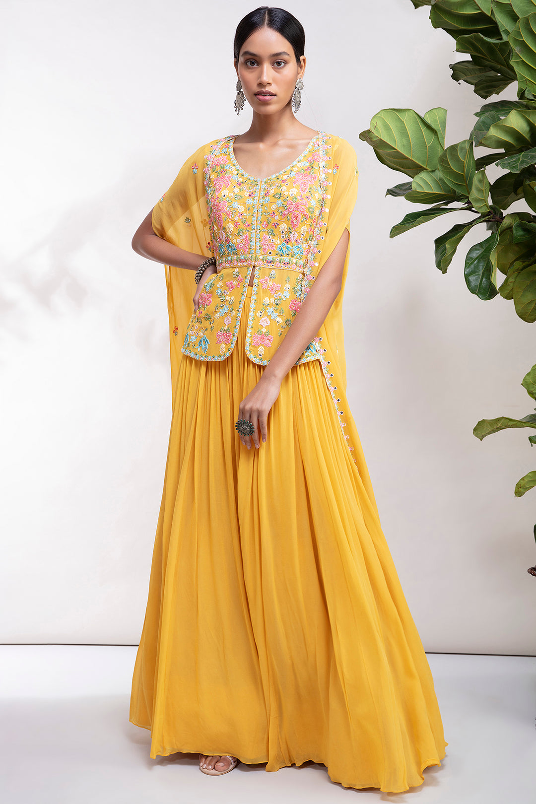 Yellow Peplum Skirt Cape Set
