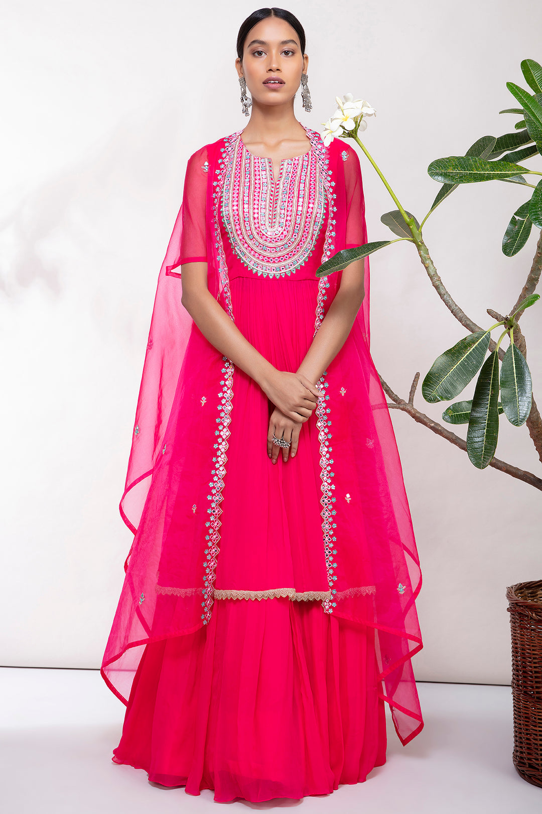 Hot Pink Embroided Cape Set