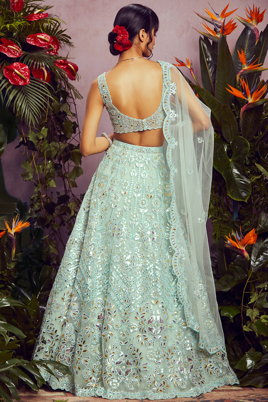 Mint Green Silver Gold Foil Lehenga Mint Green Silver Gold Foil Lehenga
