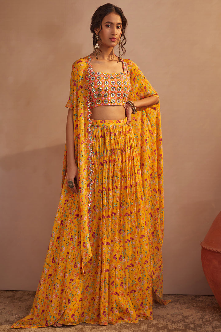Yellow Floral Cape Skirt Set