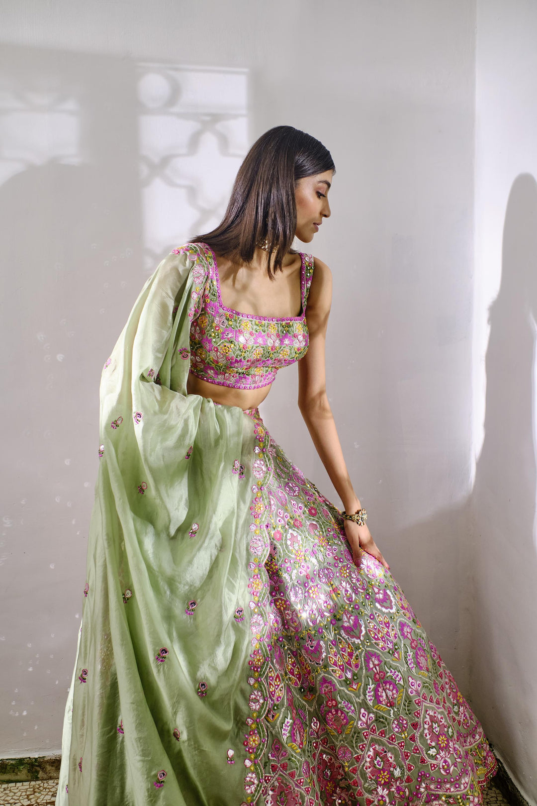 Sage Green Floral Silk Lehenga Aneesh Agarwaal Sage Green Floral Silk Lehenga Aneesh Agarwaal