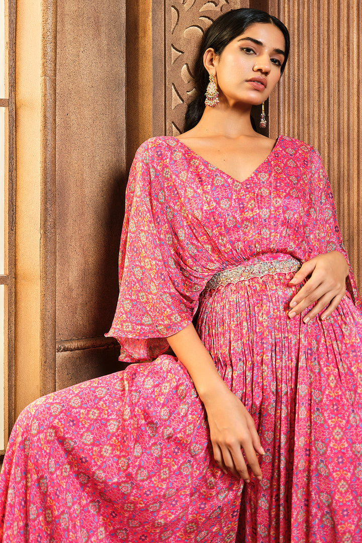 Pink Persian Printed Flared Jumpsuit With Belt